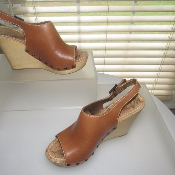 SAM EDELMAN Camilla Brown Leather Wood Wedge Sandals Shoes Size 9.5M - Picture 1 of 6